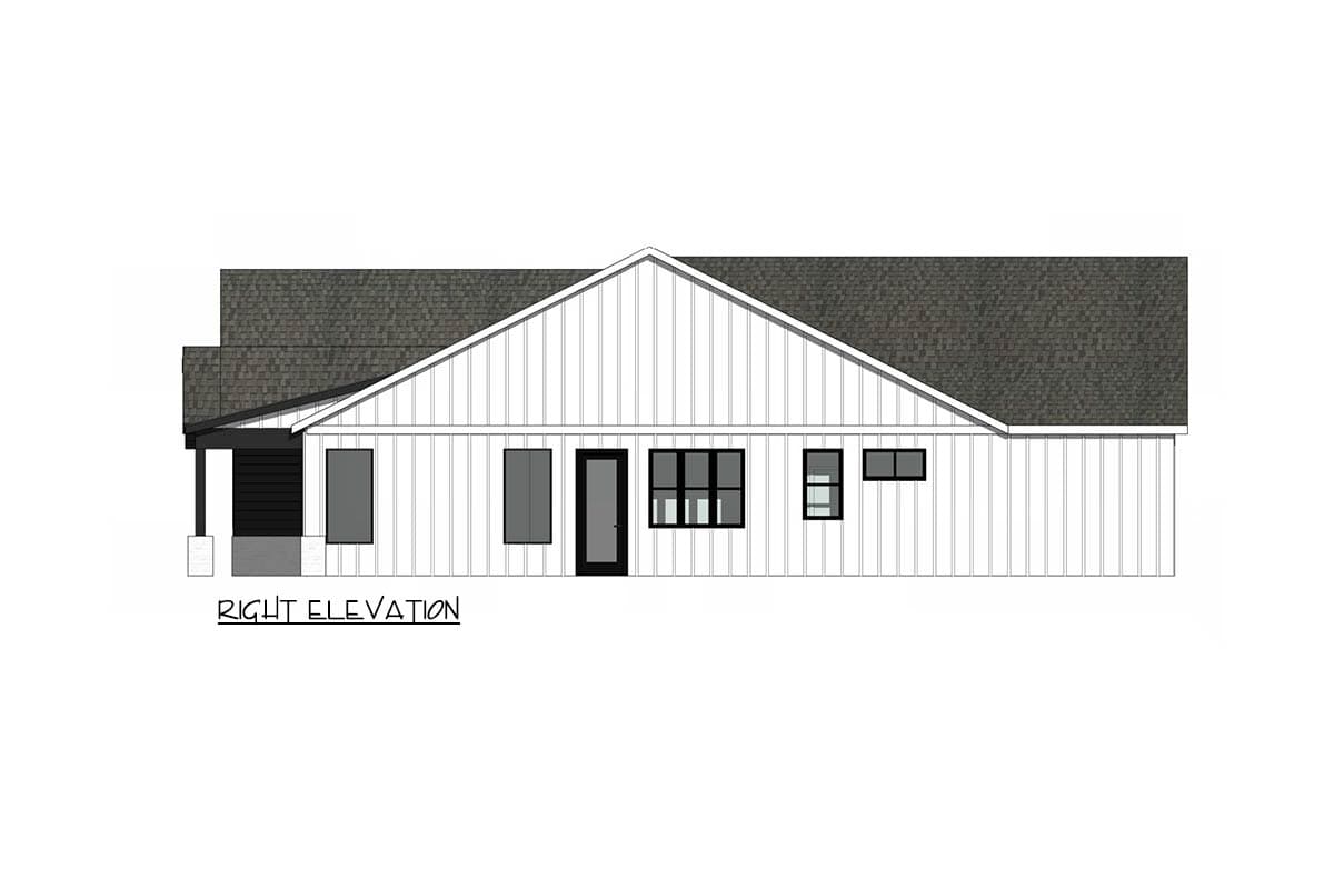 Right elevation house plan with vertical siding, gable roof, covered entry, and multiple windows.