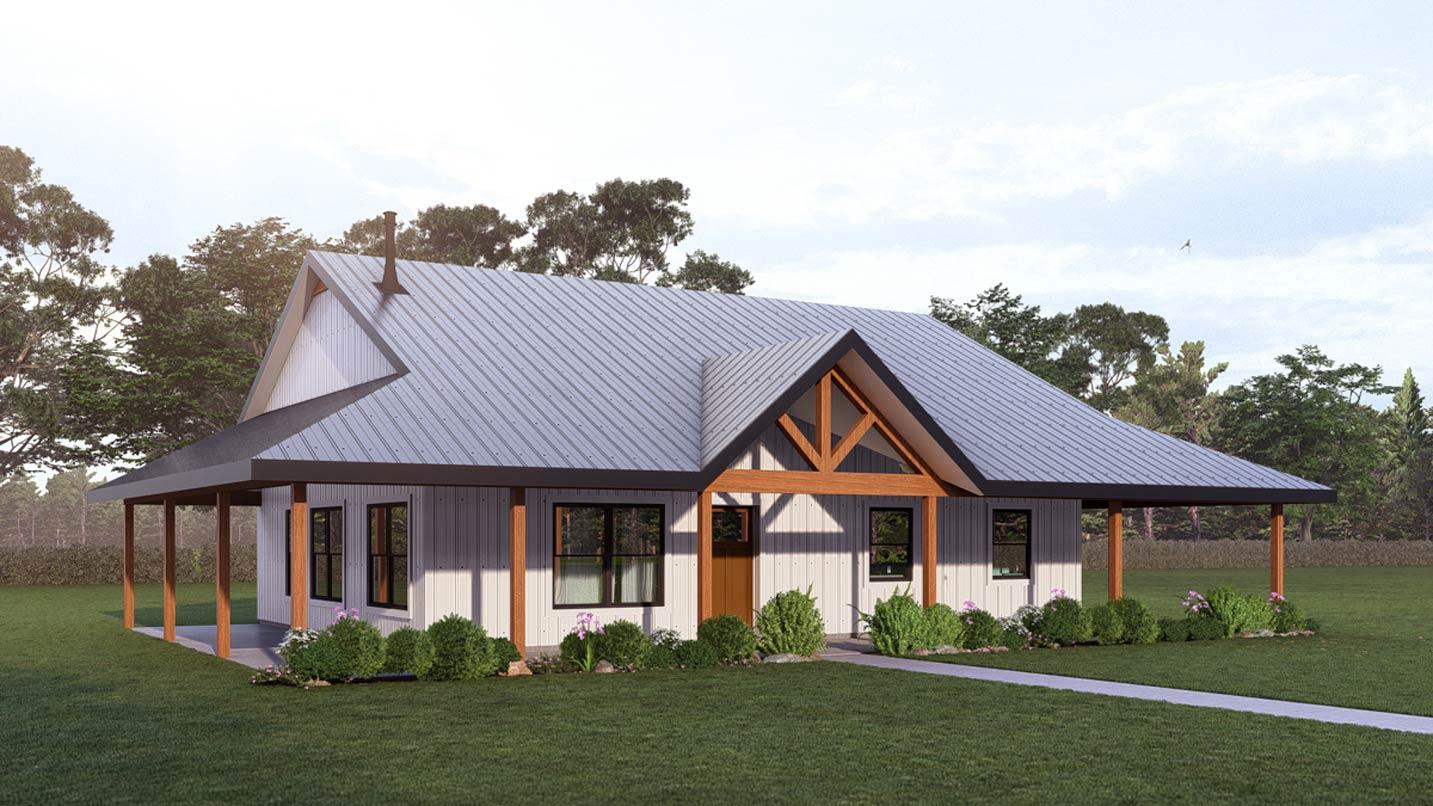 Plan 405138FDC: Barndominium House Plan with Wrap Around Porch and Vaulted Living - Image #3 - Barndominium, Farmhouse