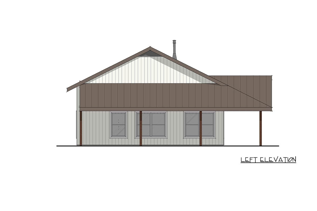 House plan left elevation showing a single-story structure with a prominent gable, metal roof, and three windows beneath a porch.