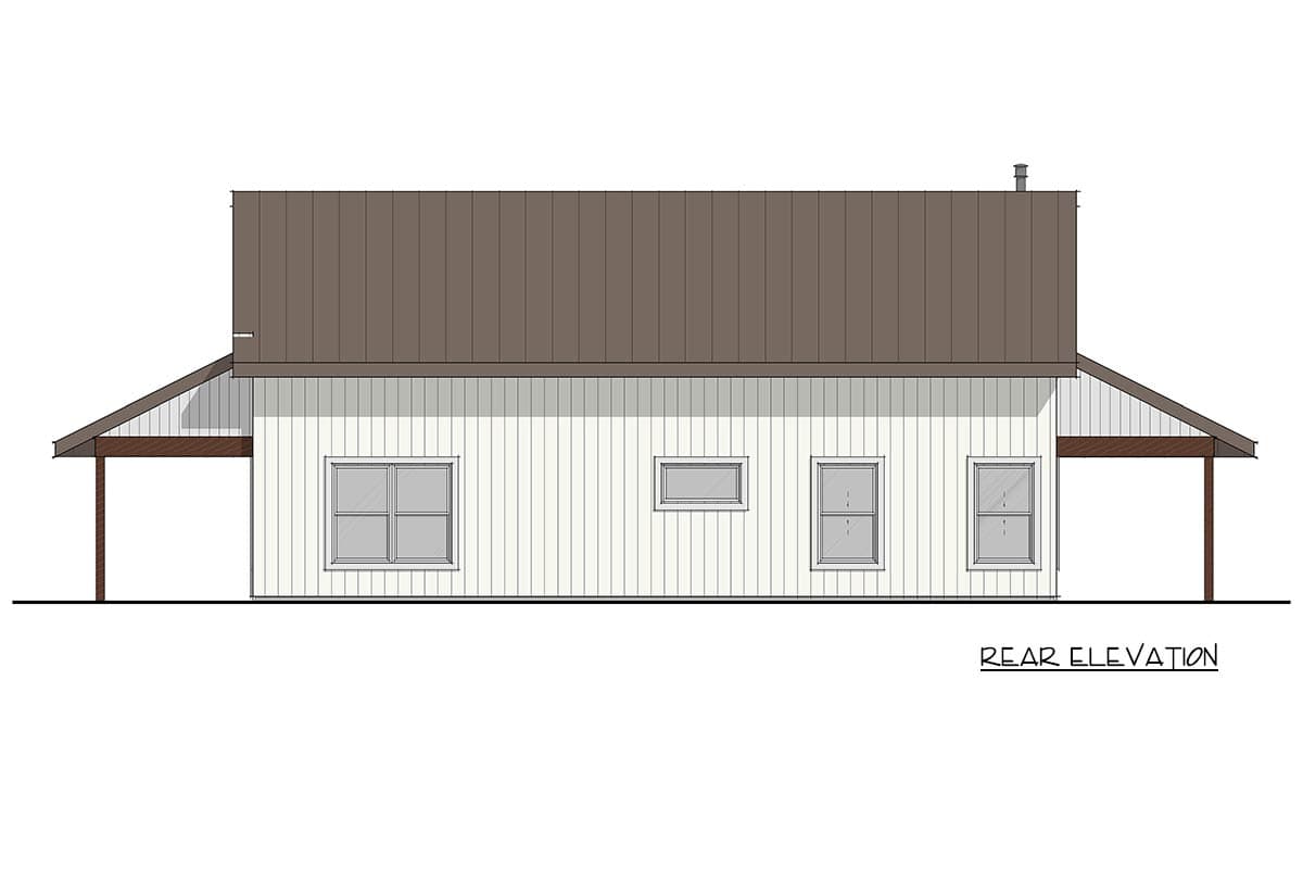 Rear elevation of a house plan showing a metal roof, white vertical siding, three windows, and covered porch areas.