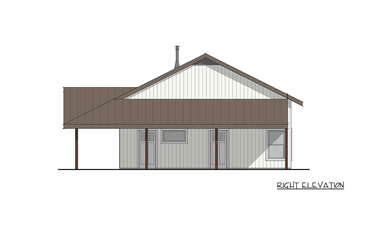 Right elevation house plan: Gable roof, metal roof overhang, board-and-batten siding, two doors, and one window.