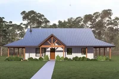 Barndominium House Plan with Wrap Around Porch and Vaulted Living