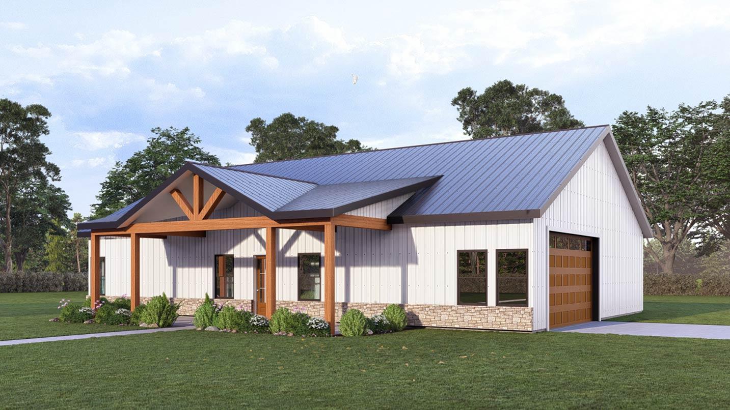 Plan 405141FDC: Two-Bedroom Barndominium House Plan with Vaulted Living - Image #2 - Barndominium, Farmhouse