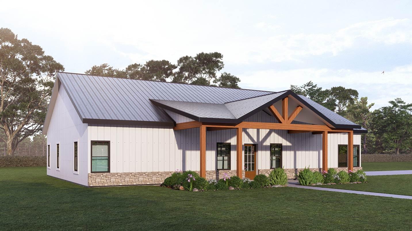 Plan 405141FDC: Two-Bedroom Barndominium House Plan with Vaulted Living - Image #3 - Barndominium, Farmhouse