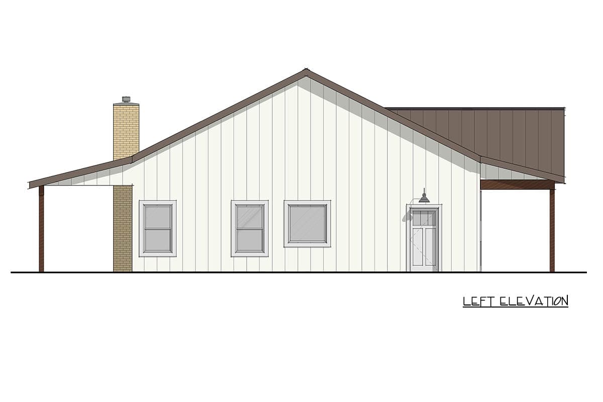 Left elevation house plan with vertical siding, gable roof, porch, chimney, and three windows.