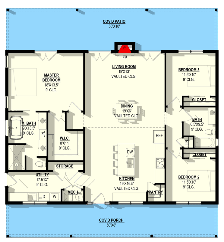 Plan 405142FDC: Three Bedroom Barndominium House Plan with Vaulted Living - Floor Plan - Main Level - Barndominium, Farmhouse