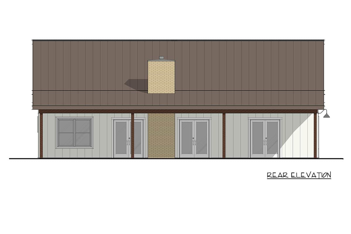 Rear elevation drawing showing a house plan with a metal roof, multiple glass doors, and a brick chimney.