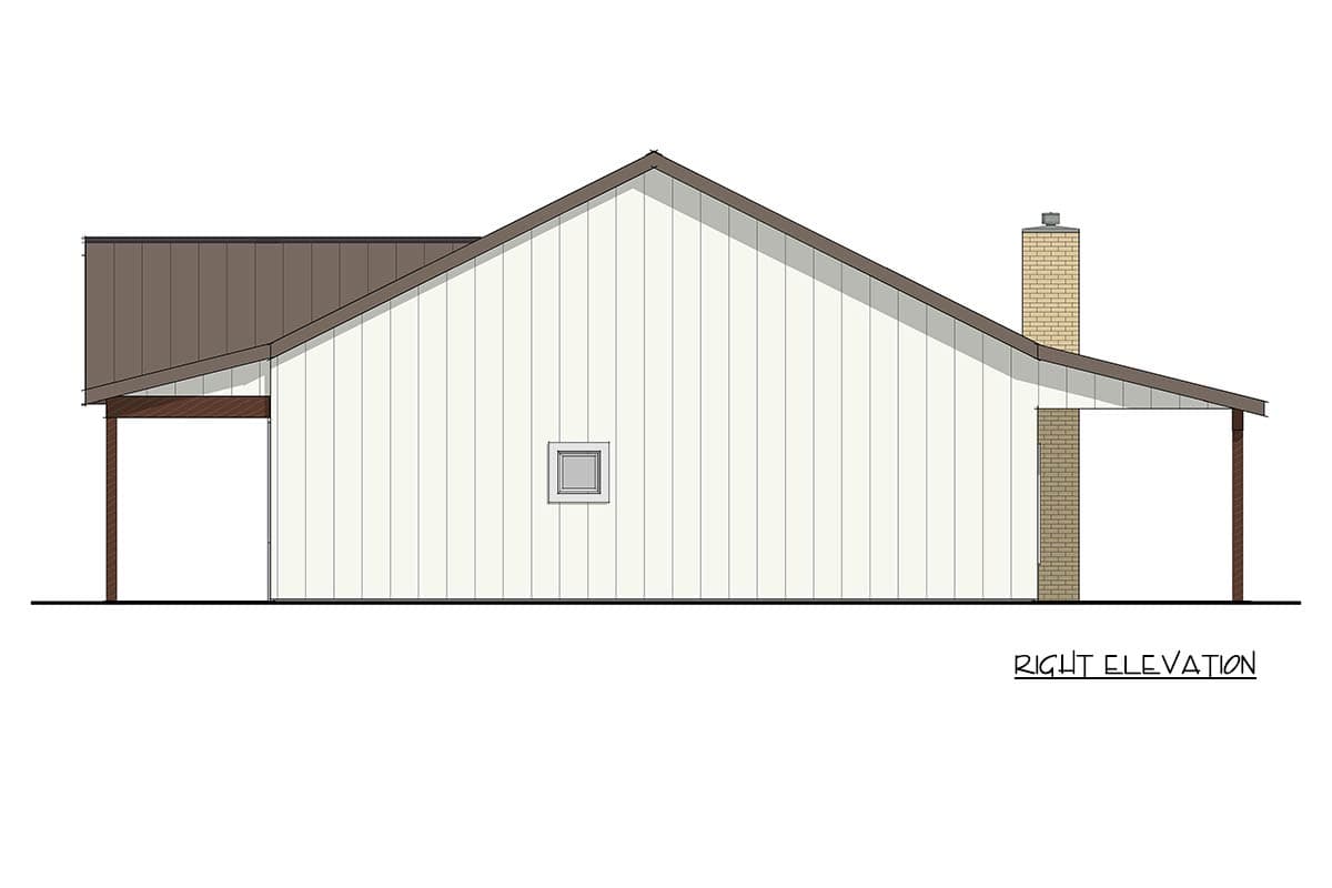 Right elevation house plan shows a single-story structure with a sloped metal roof, siding, covered entry, and brick chimney.