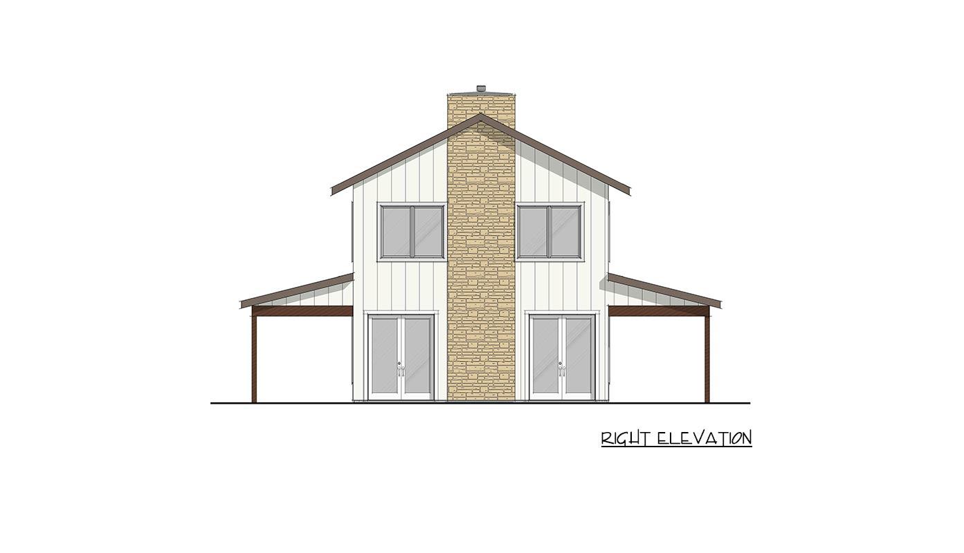 Right elevation drawing of a two-story house with a stone chimney, board and batten siding, and covered porches.