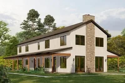 Modern Barndominium House Plan with 2 Beds, Vaulted Great Room, Expansive Porch