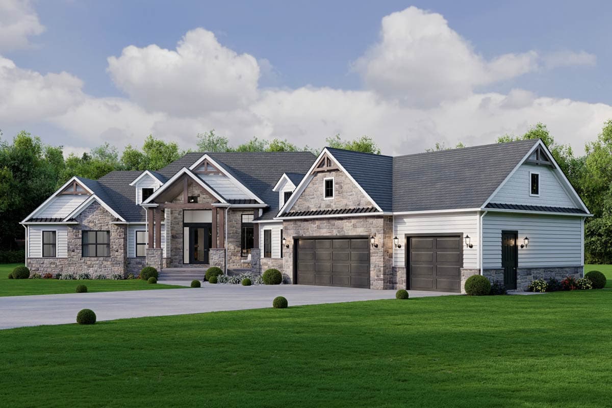 House plan exterior: Modern Farmhouse style, two-story with stone accents, large gabled entry, and attached three-car garage.