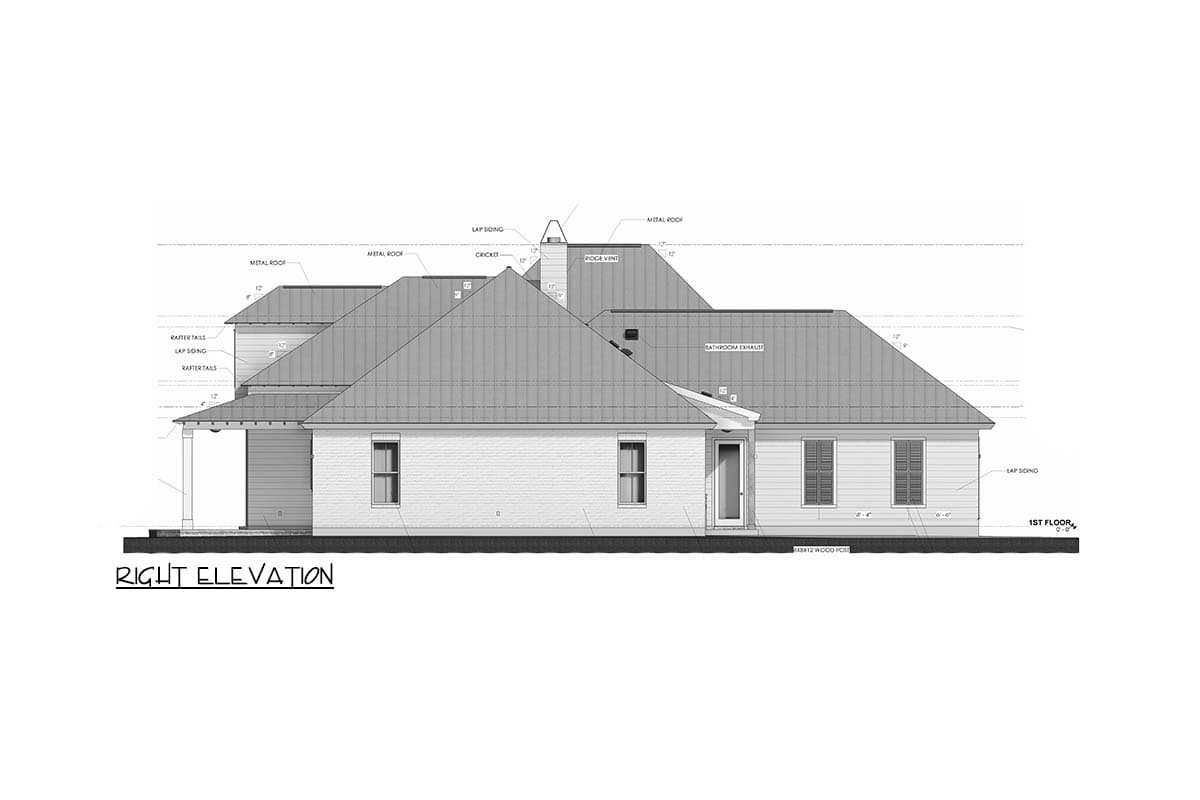 Right elevation house plan with lap siding, brick, metal roof, gabled dormers, and covered porch.