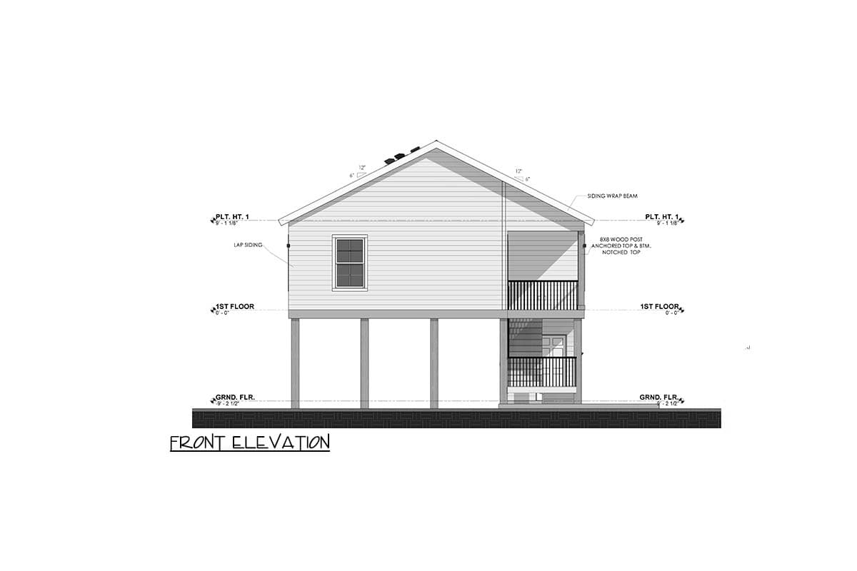 Front elevation drawing of a house plan with lap siding, a porch, and elevated piers.