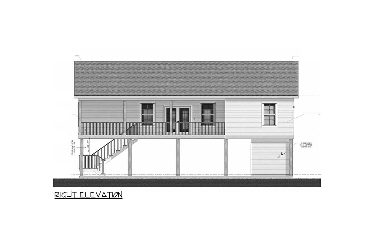 Right elevation house plan: Elevated house with porch, stairs, two windows, double doors, and garage.