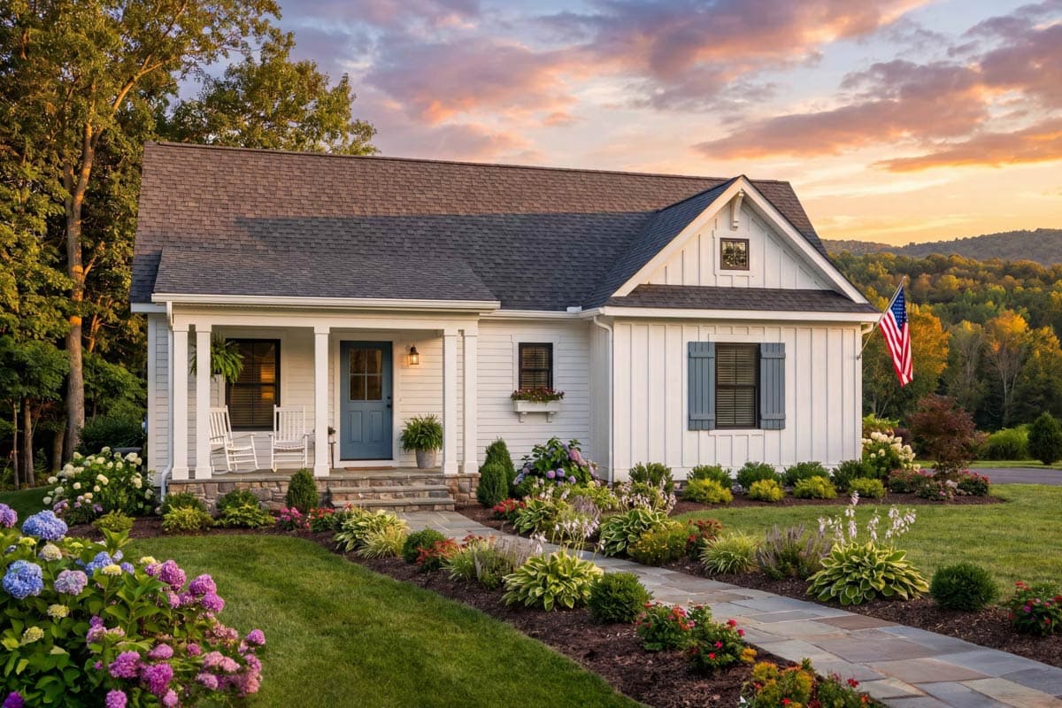 Plan 54050LK: Charming 2-Bedroom Farmhouse Plan with 779 Sq. Ft. and Welcoming Front Porch - Image #2 - Cabin, Cottage, Country, Ranch, Traditional