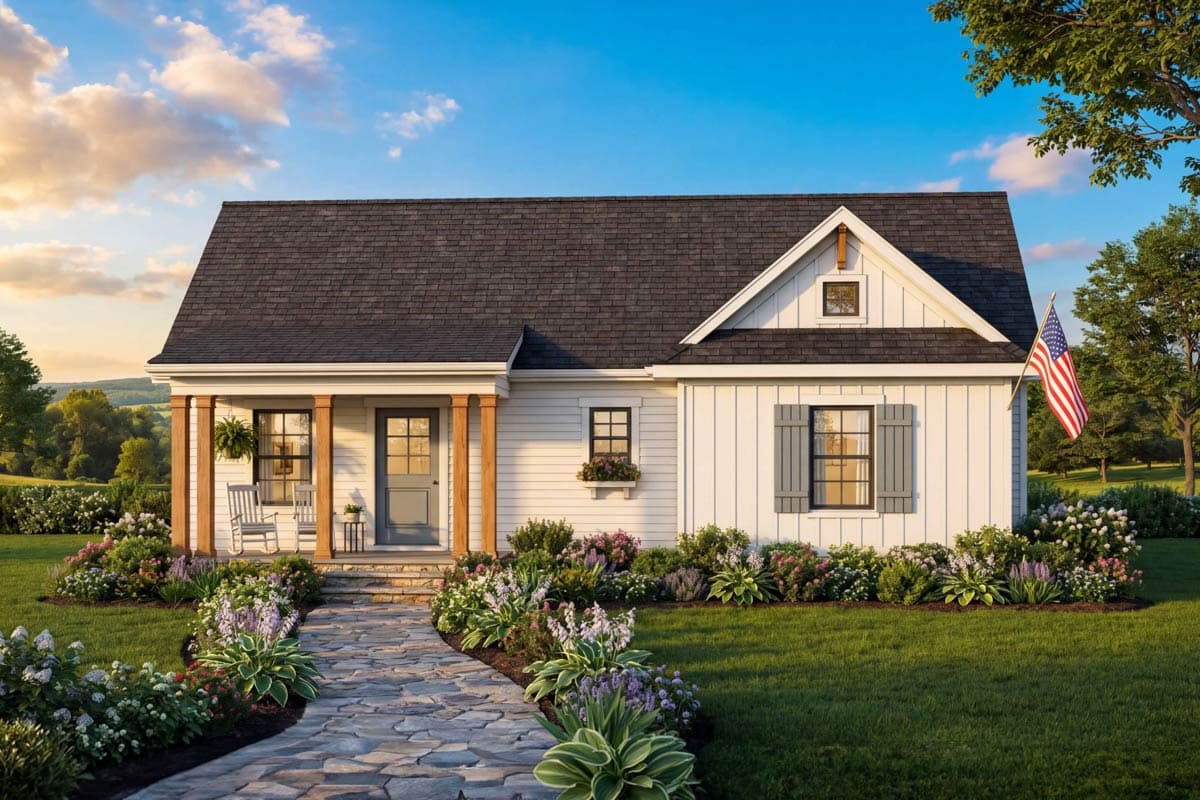 Plan 54050LK: Charming 2-Bedroom Farmhouse Plan with 779 Sq. Ft. and Welcoming Front Porch - Image #4 - Cabin, Cottage, Country, Ranch, Traditional
