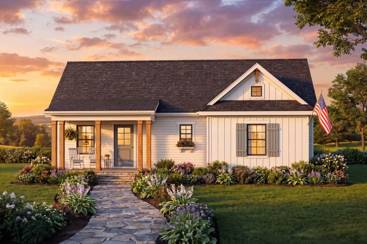 Plan 54050LK: Charming 2-Bedroom Farmhouse Plan with 779 Sq. Ft. and Welcoming Front Porch - Image #3 - Cabin, Cottage, Country, Ranch, Traditional
