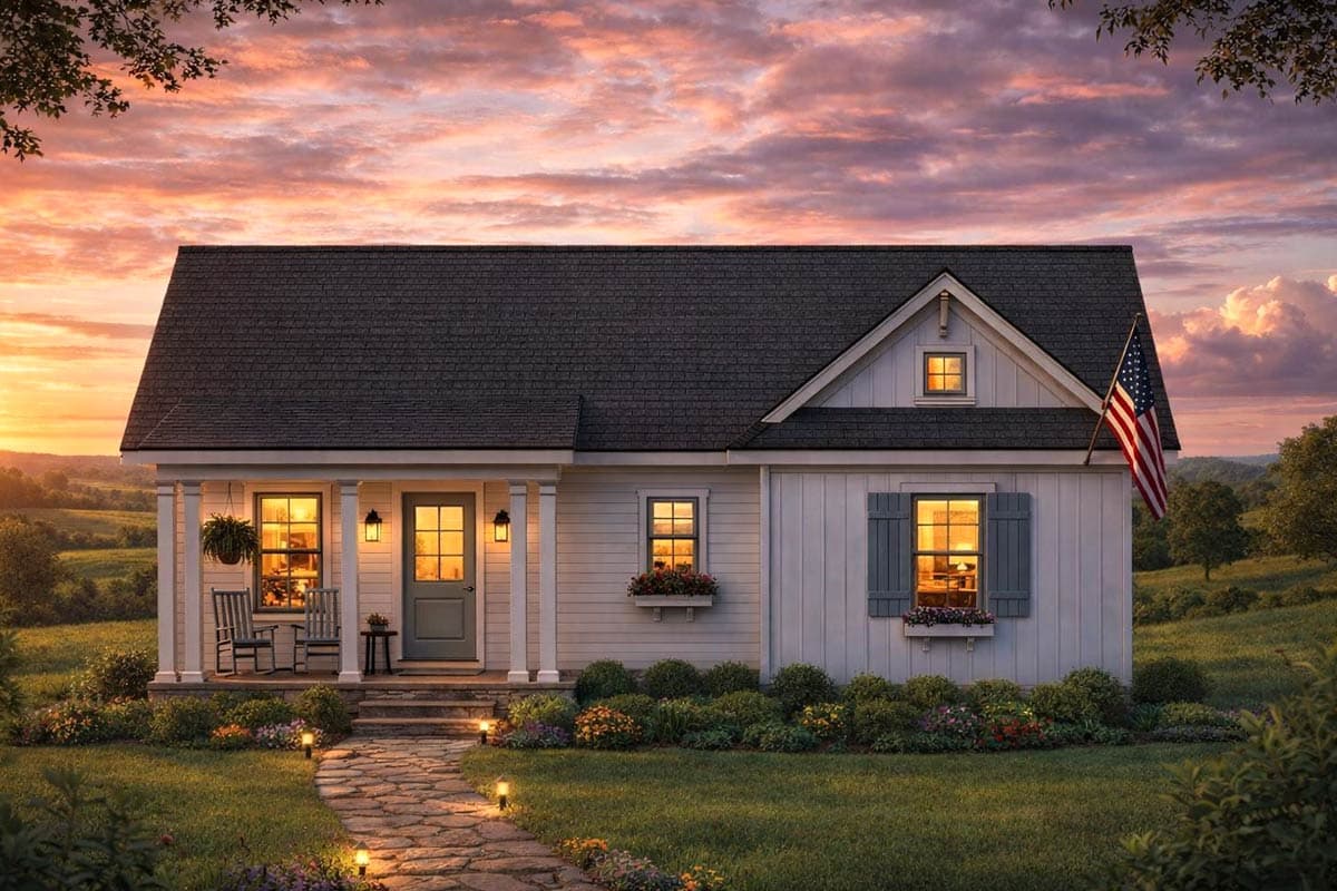 House plan exterior: One-story Modern Farmhouse with covered front porch, gable dormer, and board and batten siding.