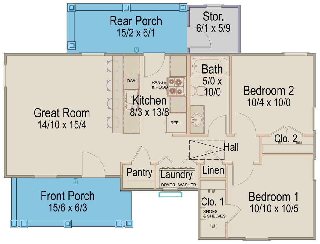 Plan 54050LK: Charming 2-Bedroom Farmhouse Plan with 779 Sq. Ft. and Welcoming Front Porch - Floor Plan - Main Level - Cabin, Cottage, Country, Ranch, Traditional