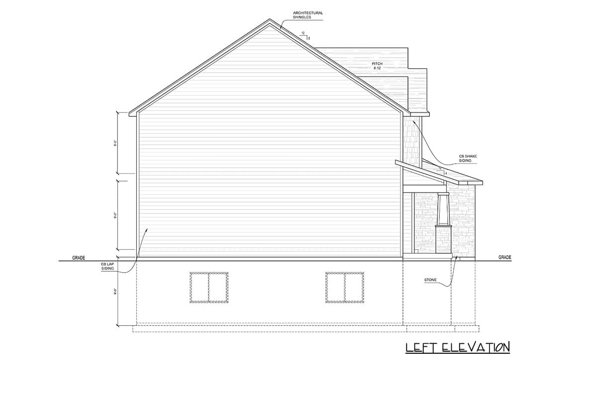 Left elevation house plan with lap siding, stone accents, architectural shingles, and 8:12 roof pitch.