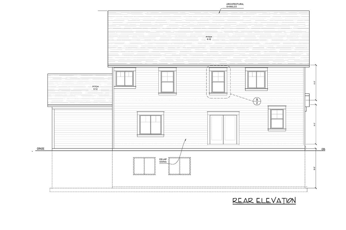 Rear elevation drawing of a two-story house plan with horizontal siding, multiple windows, and a pitched roof.
