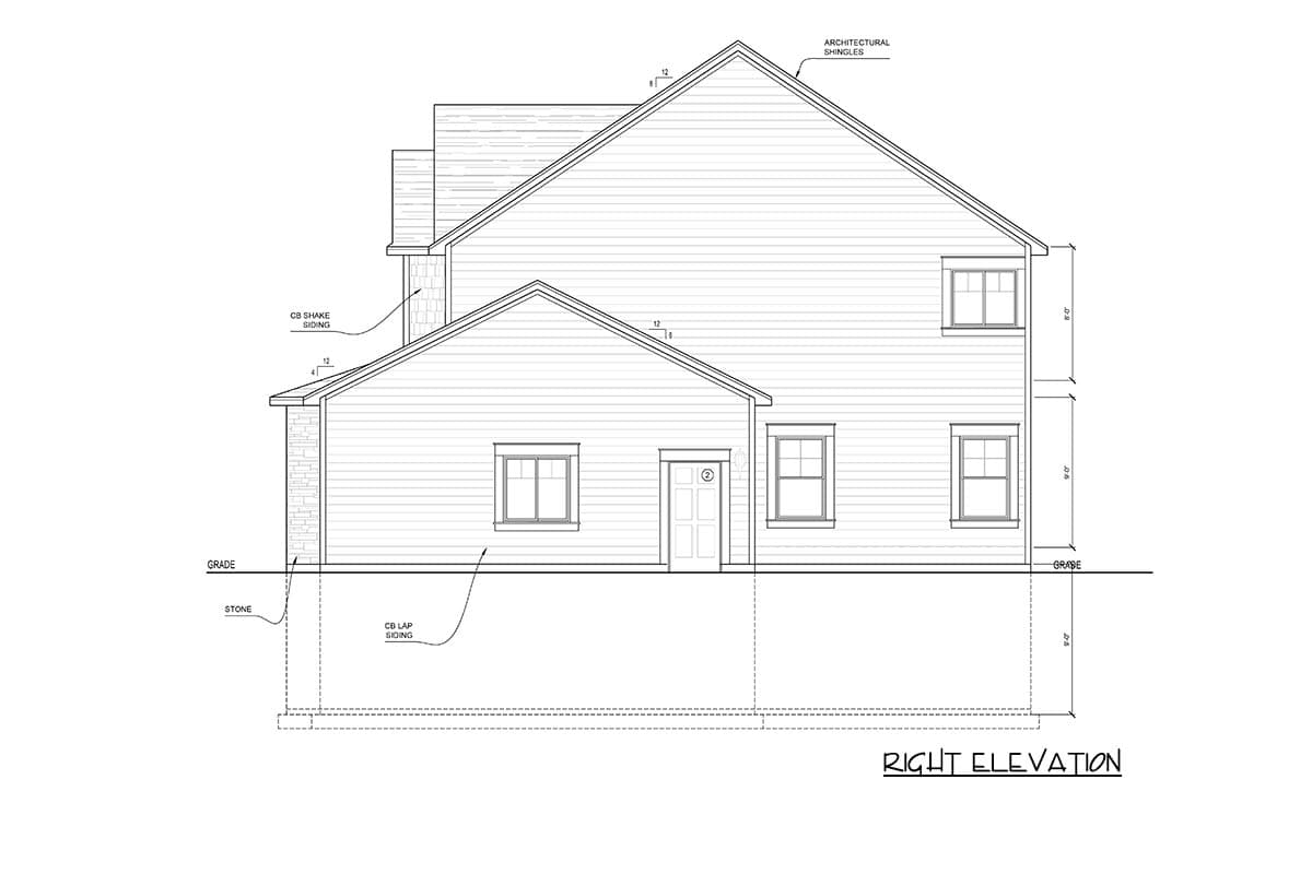 Right elevation house plan showing two stories, lap siding, shake siding on chimney, stone accents, and multiple windows.