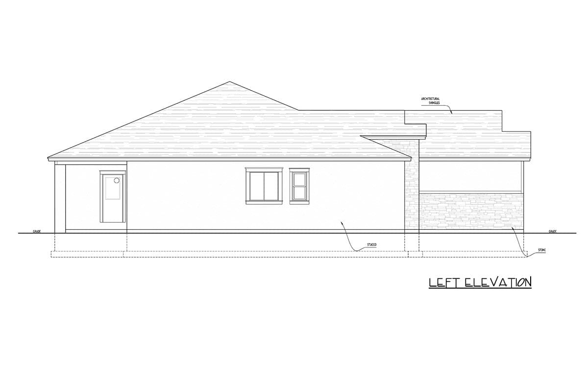 Left elevation drawing of a house plan, showing stucco walls, stone accents, and architectural shingles on the roof.
