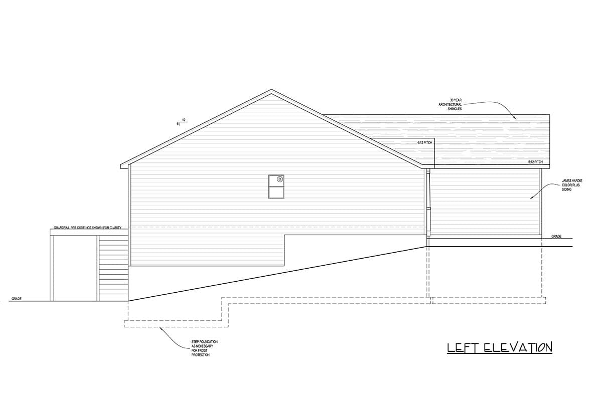 Left elevation house plan showing a step foundation, 6:12 roof pitch, and James Hardie siding.