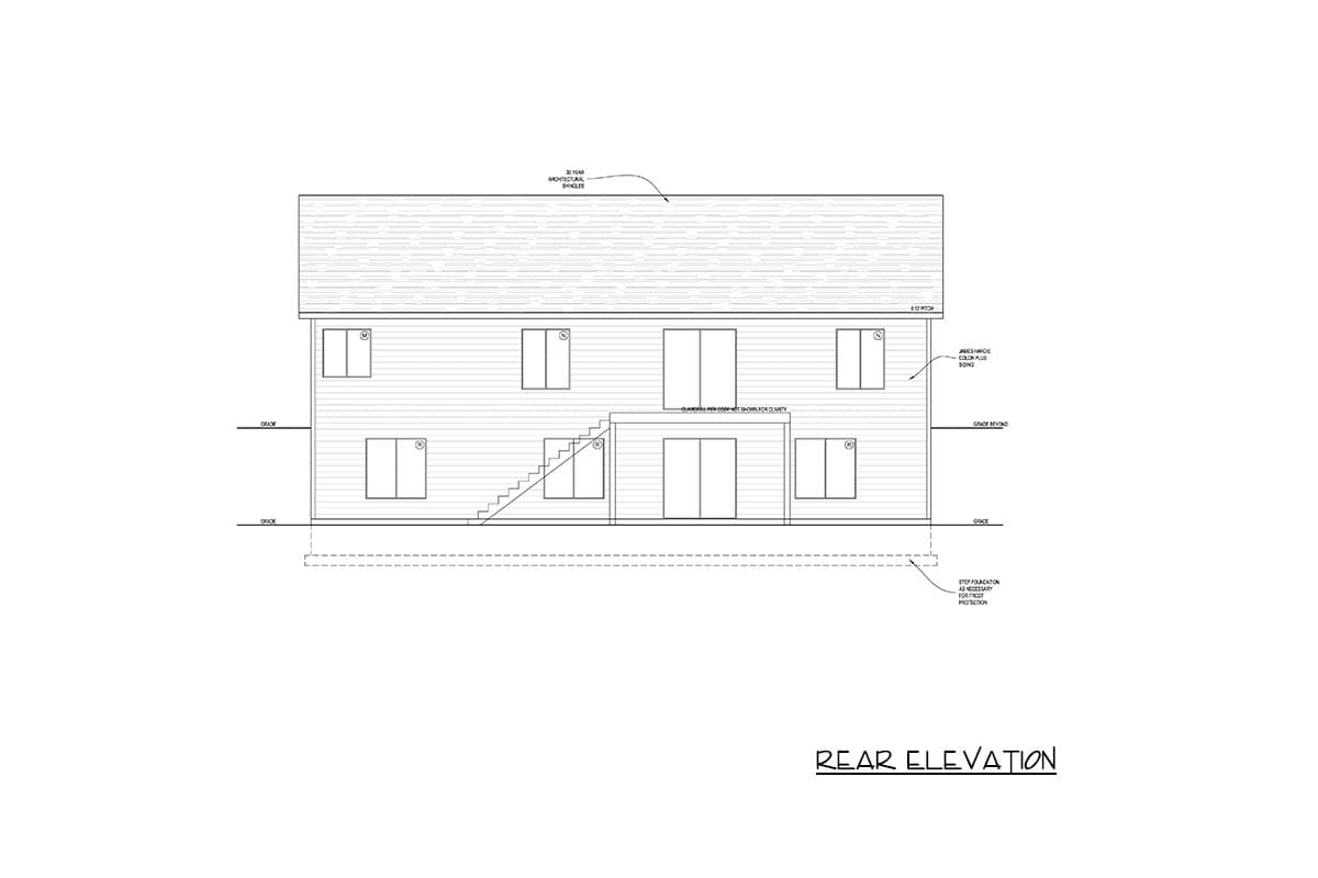 Rear elevation drawing of a two-story house with lap siding, multiple windows, and a central deck with stairs.