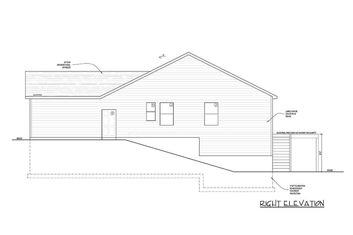 Right elevation house plan drawing with horizontal siding, a pitched roof, two windows, and a door.