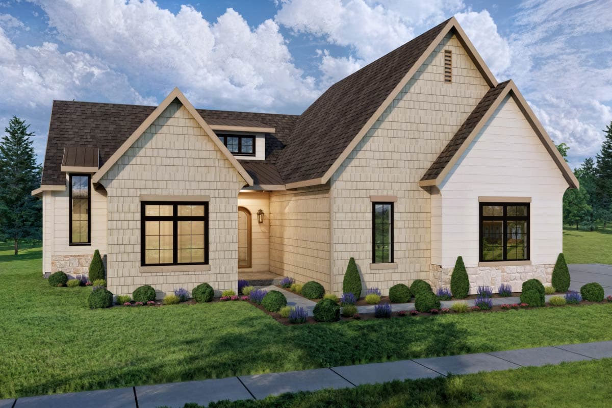 House plan exterior, two stories, featuring shingle and board siding, prominent gables, dormers, and a covered entry.