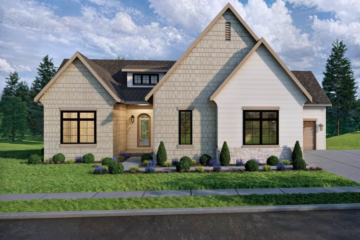 House plan exterior with varied rooflines, shingle and horizontal siding, stone base, arched entry, and attached garage.