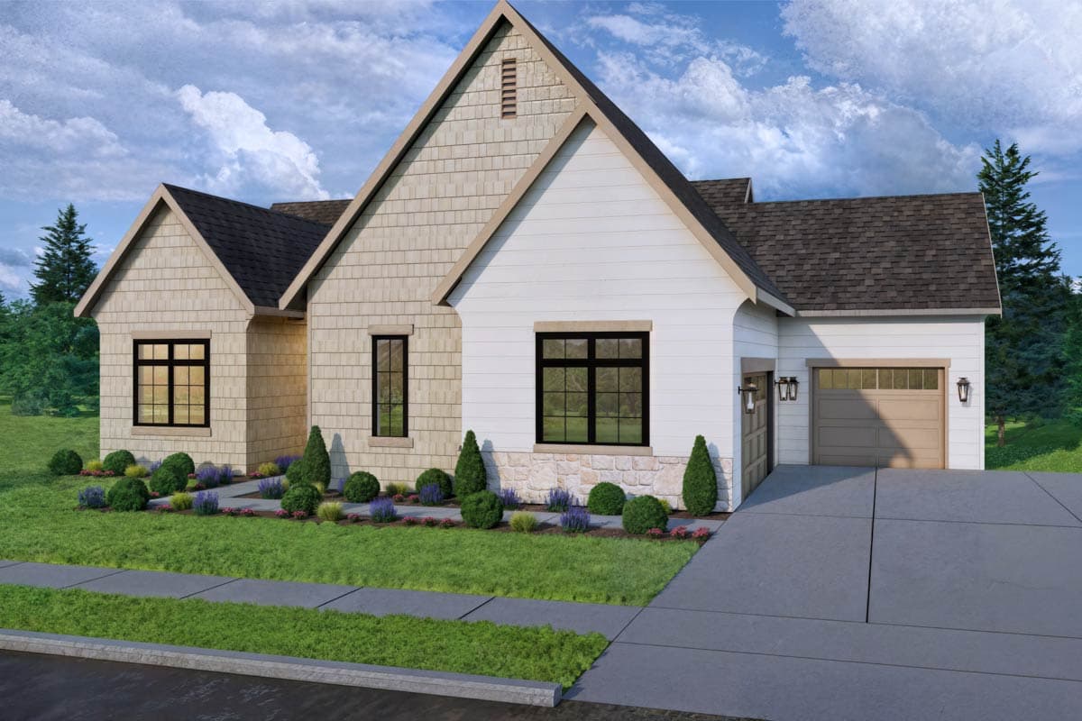 House plan exterior with gable roof, shingle and stone siding, and a two-car garage.
