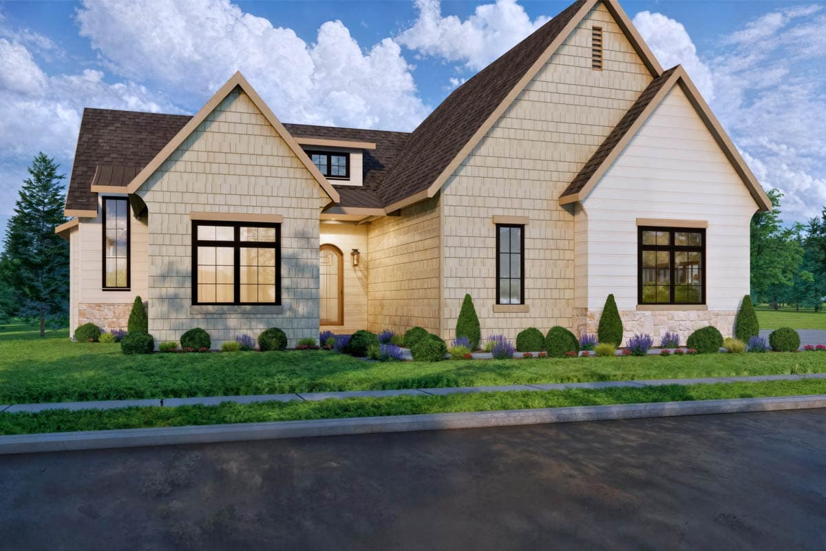 House plan exterior with gable dormer, shingle siding, stone base, and arched entryway.