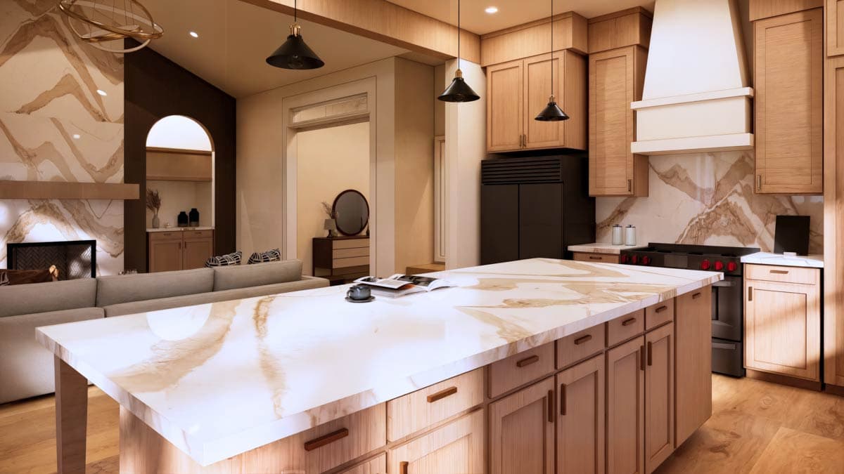 Rendering of an open-concept kitchen with a large island, wood cabinetry, marble backsplash, and adjacent living area with fireplace.