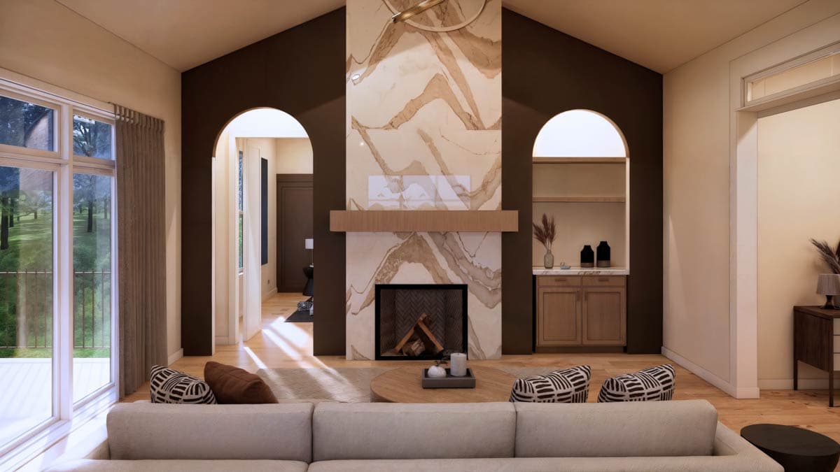 Interior rendering of a living room with vaulted ceiling, large fireplace with stone surround, and arched doorways.