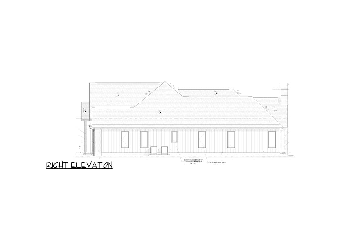 Right elevation house plan showing smooth panel siding, multiple windows, and complex rooflines with dormers.