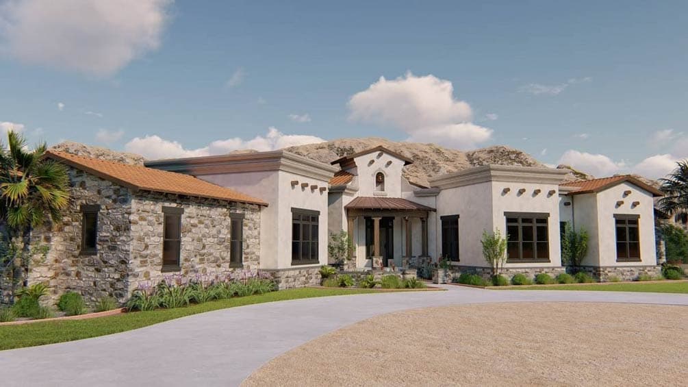 Plan 54056LK: Spanish House Plan with 4 Bedrooms and Angled 3-Car Garage - Image #3 - Mediterranean, Spanish