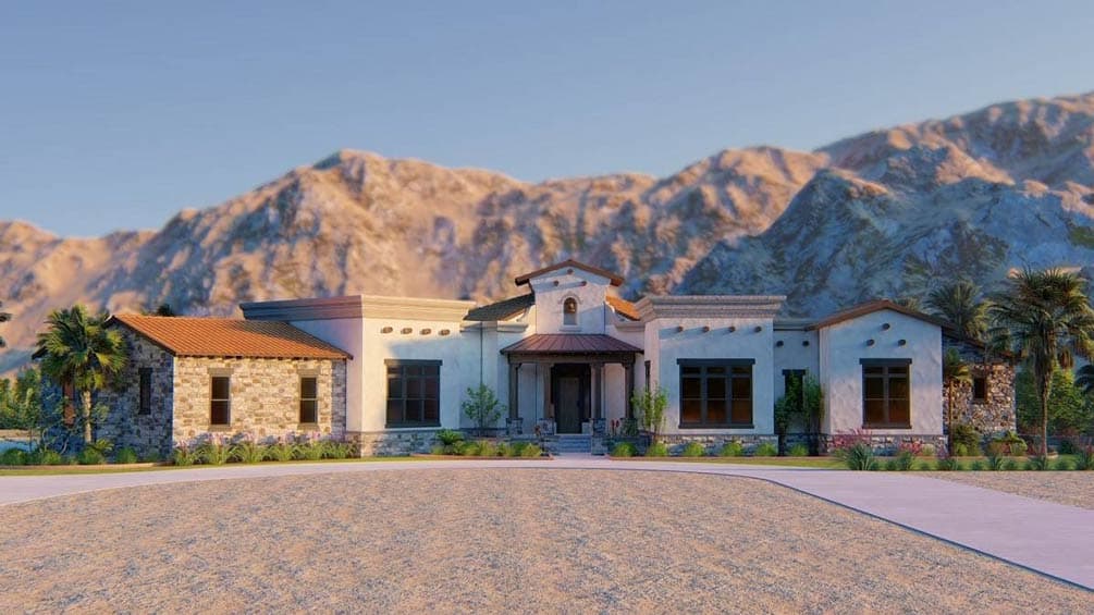 House plan exterior: one-story stucco and stone house with covered entryway, tile roof, and large windows.