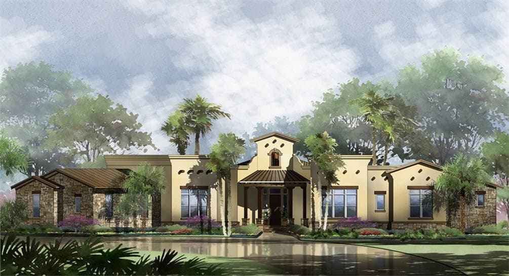 House plan exterior rendering with a stucco finish, stone accents, a covered entry porch, and a pitched roof.