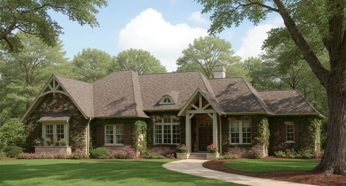 Plan 54059LK: Charming Stone European House Plan with 4 Bedrooms and 2-Car Garage - Image #2 - European, Hill Country
