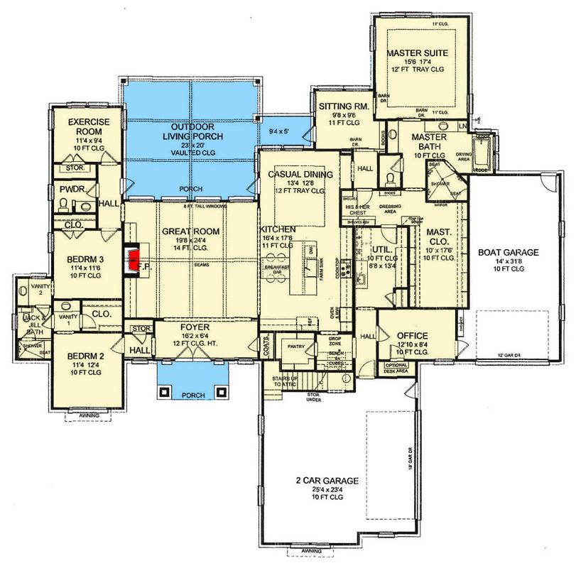 Plan 54060LK: Craftsman Ranch House Plan with Office and Boat Garage - Floor Plan - Main Level - Craftsman, Ranch, Traditional