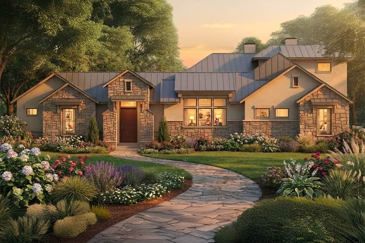 Plan 54064LK: Modern Hill Country House Plan with 4 Bedrooms, Game Room, and 3-Car Garage - Image #1 - Craftsman, Hill Country, Southwest, Transitional