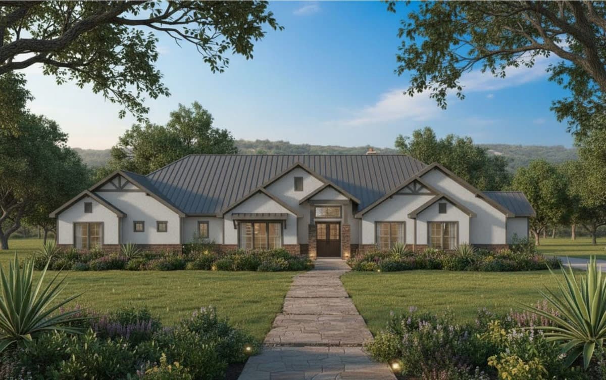 Plan 54072LK: Modern Farmhouse Ranch House Plan with 4 Beds and Grand Porches - Image #2 - Hill Country, Modern Farmhouse, Ranch