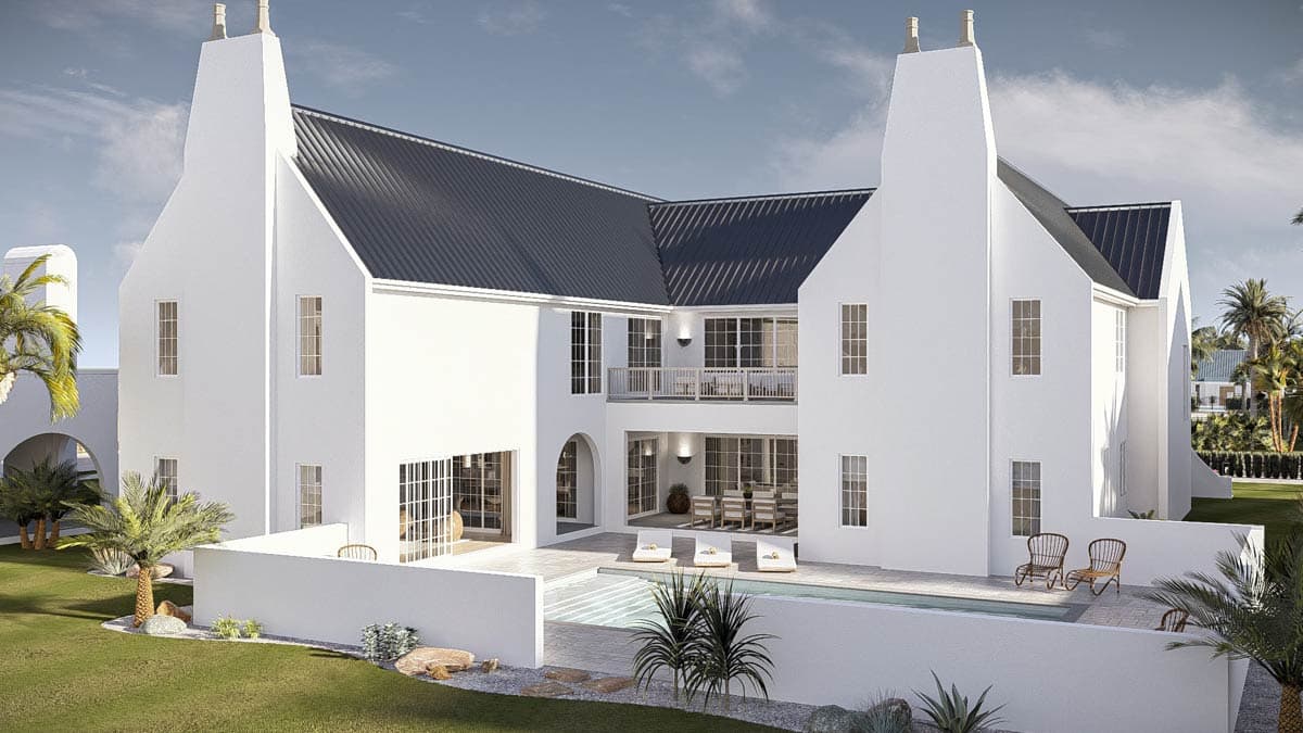 House plan exterior: Modern style, white stucco, dark metal roof, prominent gables, multiple windows, and a courtyard pool.
