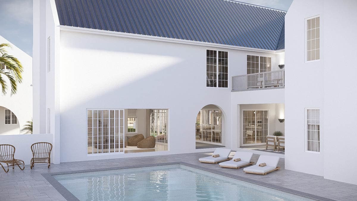 Modern house plan exterior with white stucco walls, dark metal roof, arched entryway, balcony, and pool area.