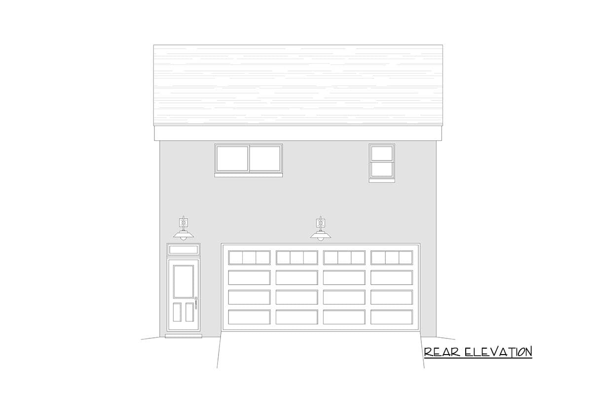 Rear elevation drawing of a house with a two-car garage, single door, and two upper windows.