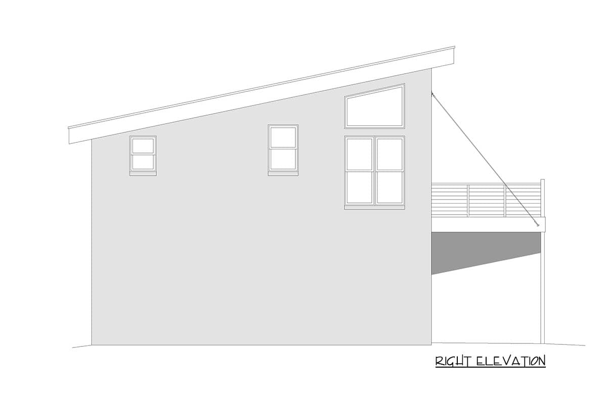 Right elevation drawing showing a single-story house plan with a sloped roof, multiple windows, and a deck.