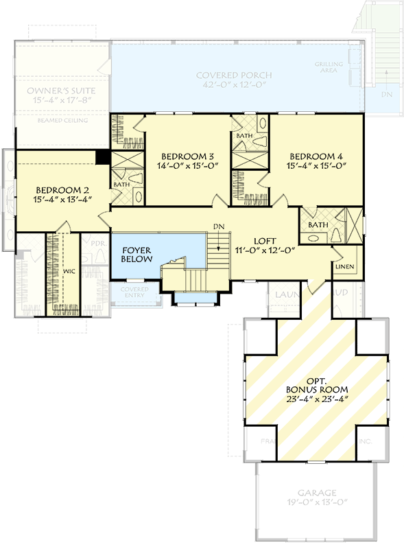 Plan 710451BTZ: Contemporary Southern House Plan with 4 Beds, 3-Car Garage, and Outdoor Kitchen - Floor Plan - 2nd Floor - Contemporary, Southern, Southern Traditional, Transitional