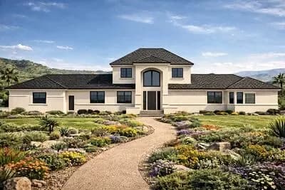 Contemporary Mediterranean House Plan with 4 Bedrooms and Two-Story Great Room